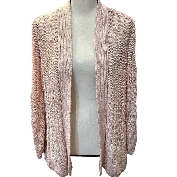 Chico’s Blush Pink Open Front Woven Ribbon Cardigan Sz M - Picture 1 of 9